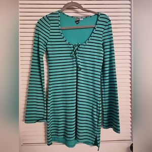 Roxy dress turquoise & navy striped lace up next line. Flaired sleeves.